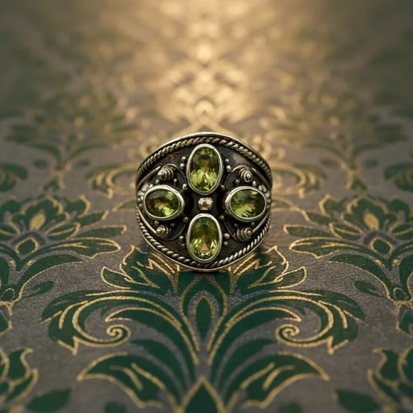 Sterling Silver wide 4 Peridot Gem Ring stamped 925 weight 18.35​ - Picture 2 of 6